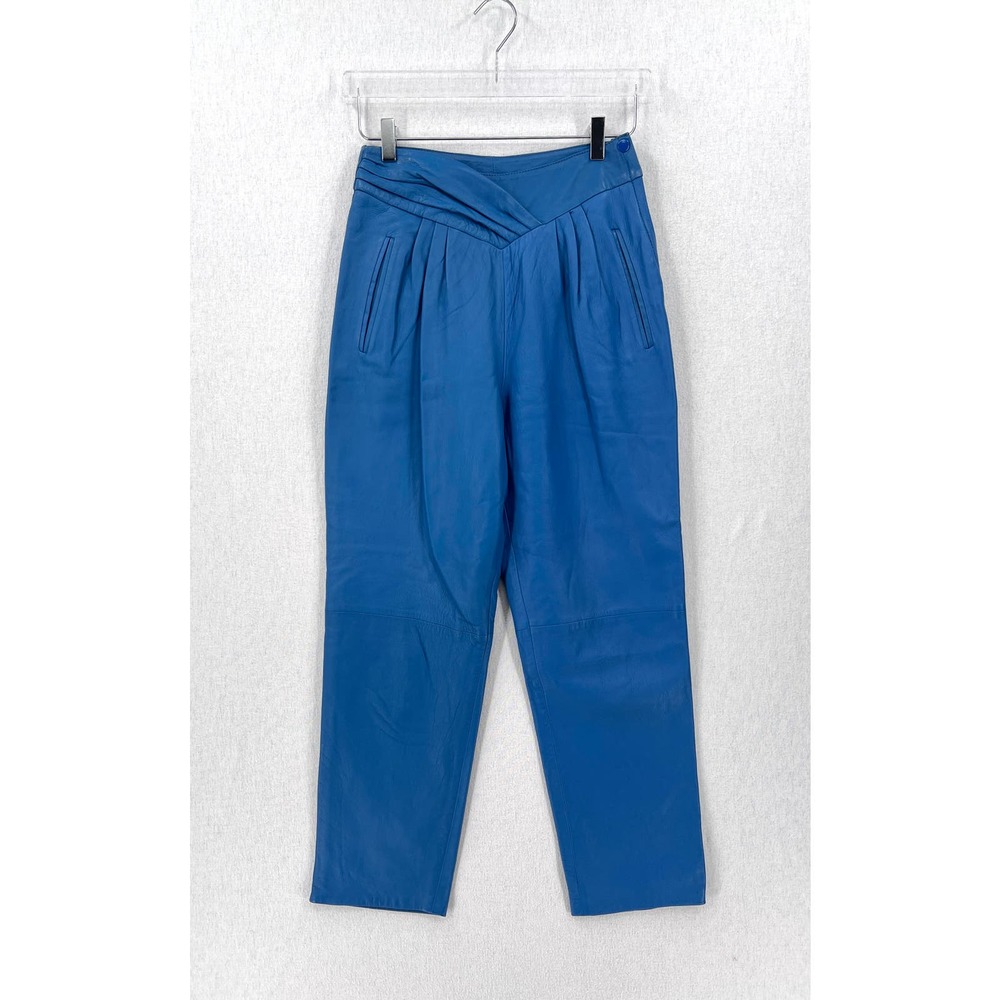 VINTAGE Leather pants Womens XS Blue OKTAY SIDAR High Rise Tapered 80s